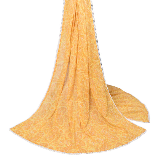 Sushila Vintage Paisley Pointed  Dupatta Yellow Pure Cotton Soft Long Stole Hijab
