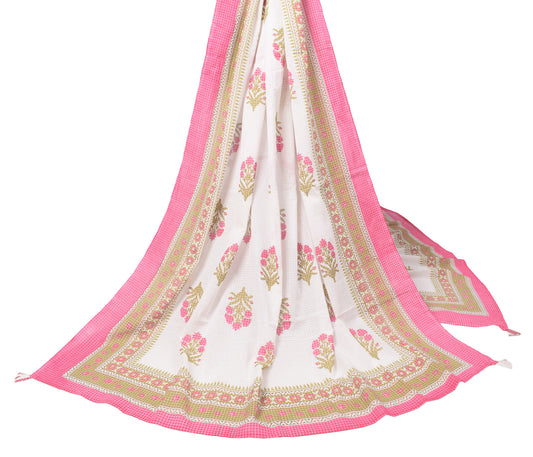 Sushila Vintage White Pink Dupatta Printed Hand Block Pure Cotton Long Stole