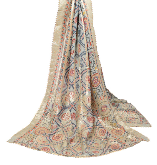 Sushila Vintage Gray Silk Dupatta Digital Printed & Woven Long Stole Wrap