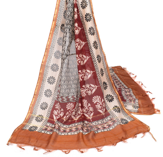 Sushila Vintage Beige Dupatta Printed Pure Cotton Silk Hand Block Long Stole Hijab