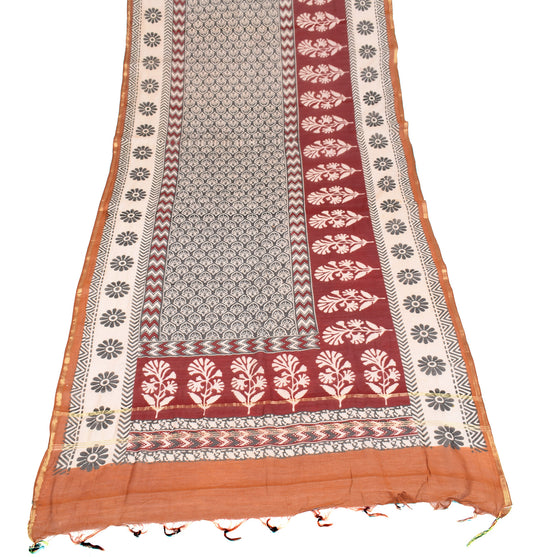 Sushila Vintage Beige Dupatta Printed Pure Cotton Silk Hand Block Long Stole Hijab