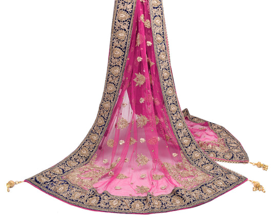 Sushila Vintage Pink Heavy Dupatta Net Mesh Zardozi Stone Work Long Stole Veil