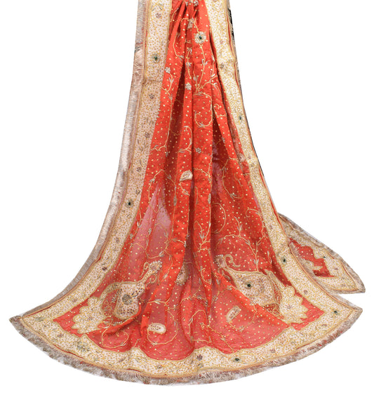 Sushila Vintage Orange Heavy Dupatta Zardozi/Dabka 1980s Wedding Chiffon Long Stole