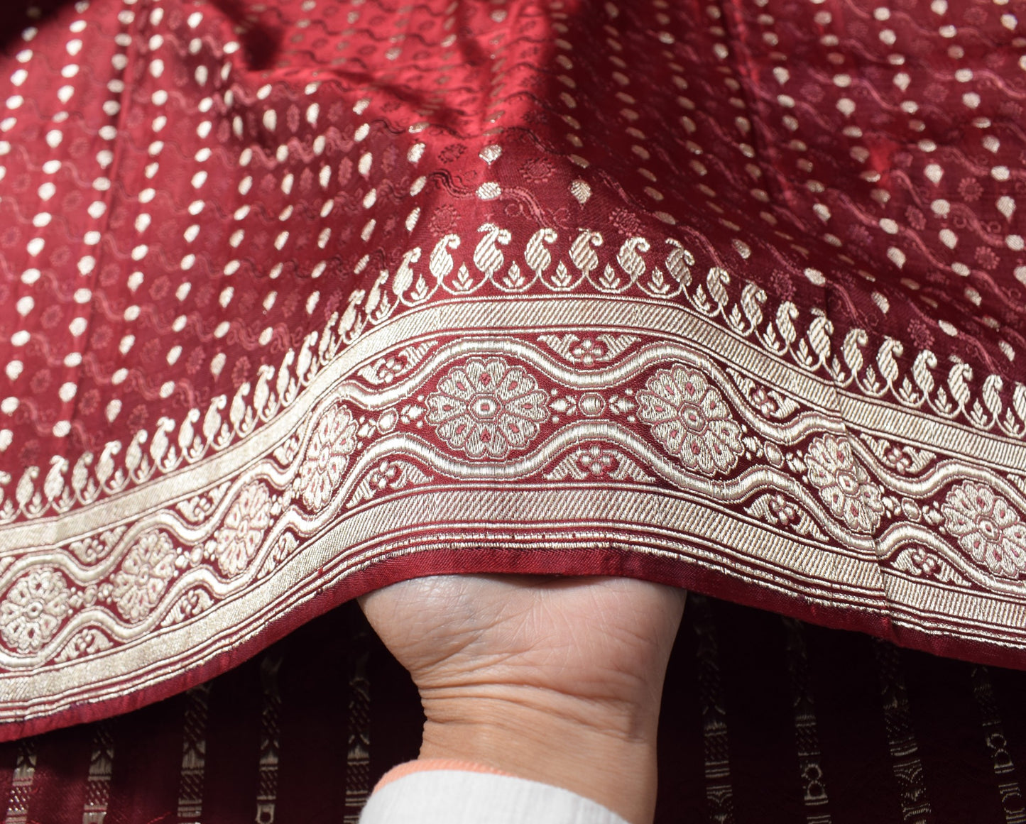 Sushila Vintage Heavy Saree Pure Satin Silk Banarasi Brocade Maroon Sari Fabric