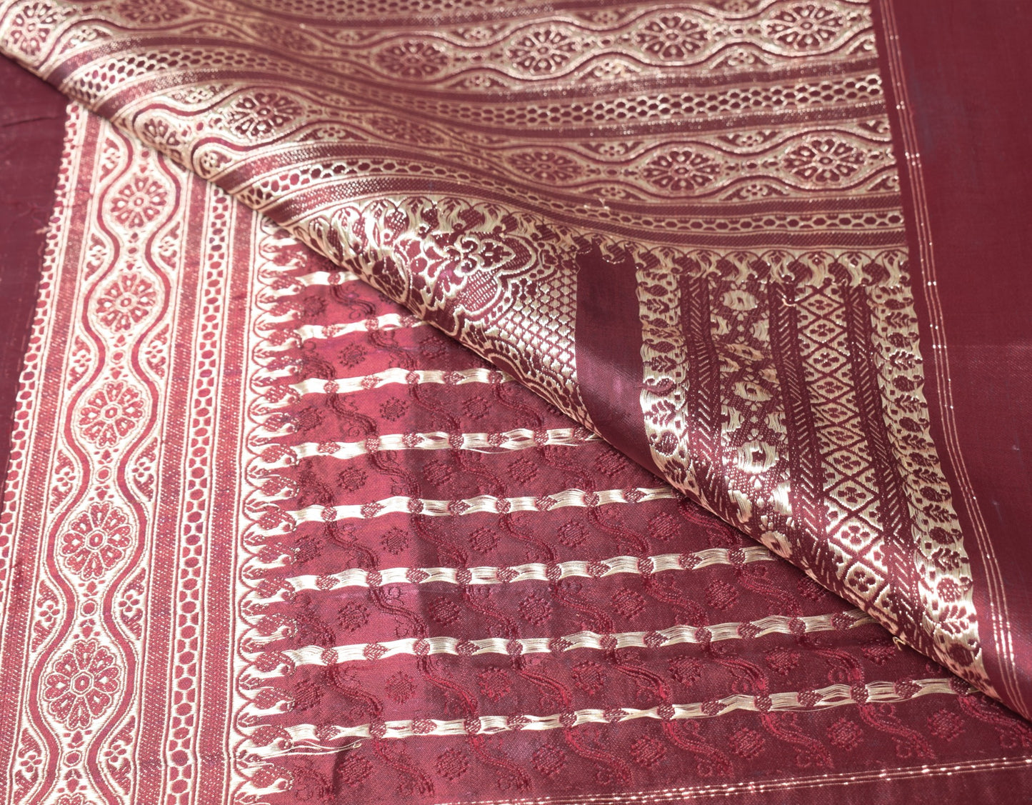 Sushila Vintage Heavy Saree Pure Satin Silk Banarasi Brocade Maroon Sari Fabric