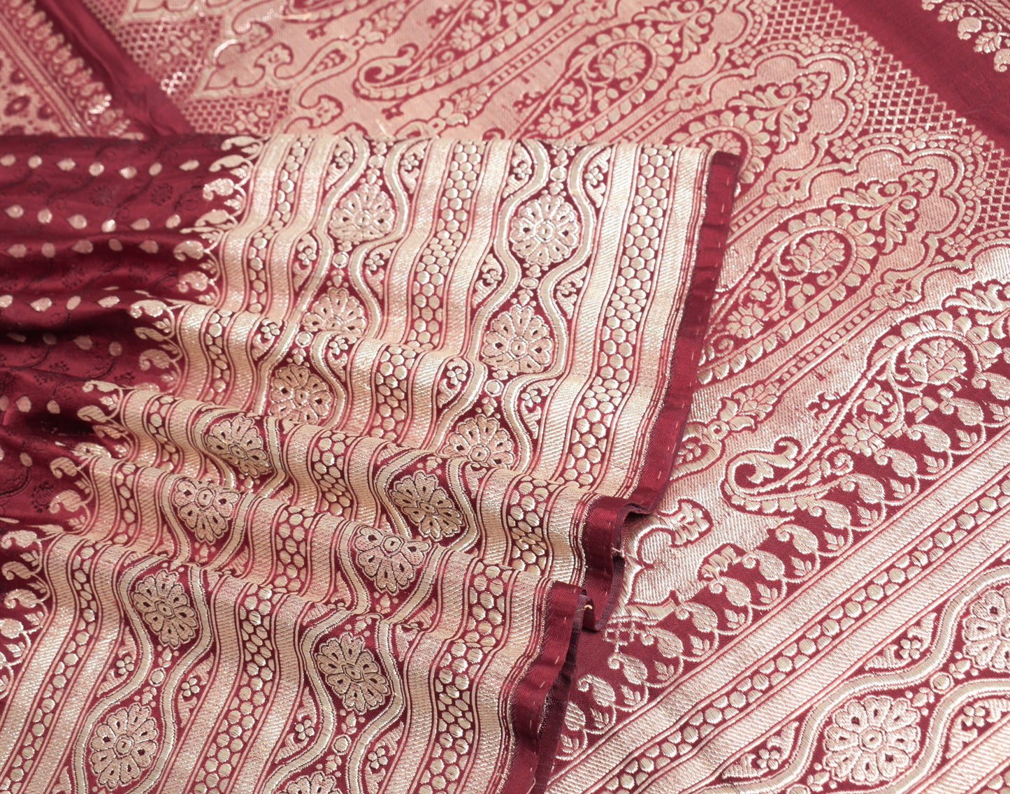 Sushila Vintage Heavy Saree Pure Satin Silk Banarasi Brocade Maroon Sari Fabric