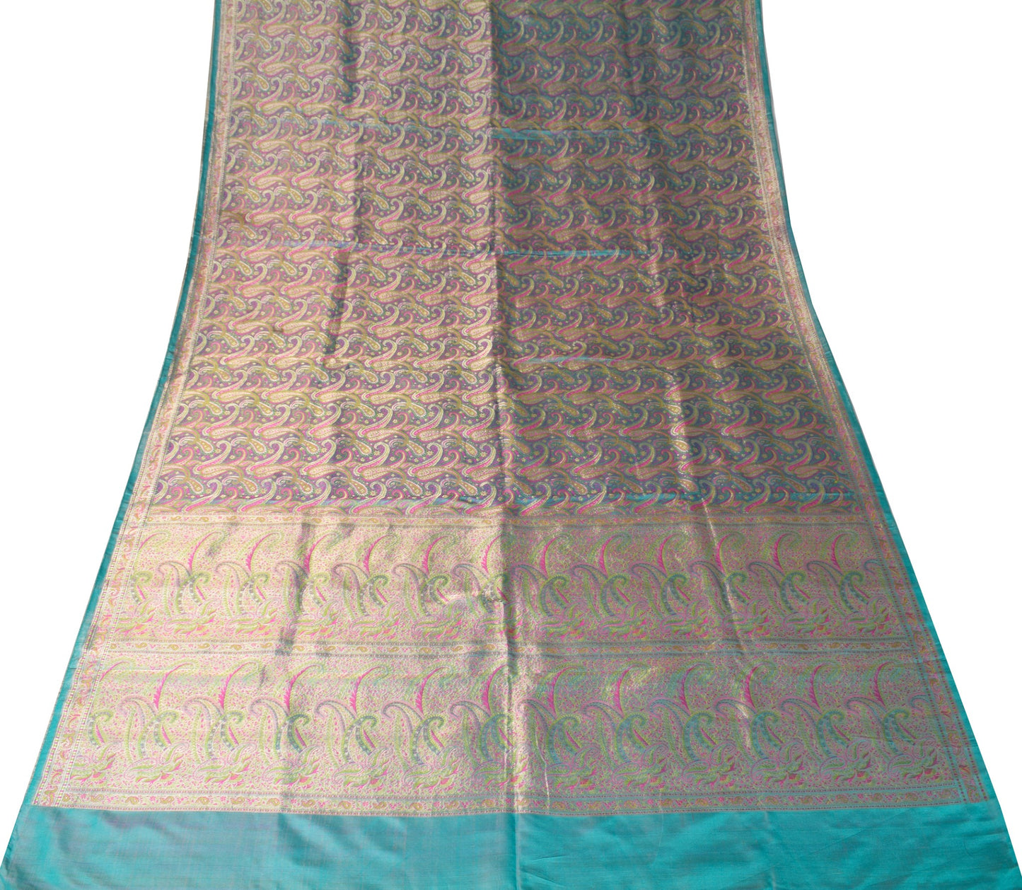 Sushila Vintage Heavy Saree Pure Satin Silk Banarasi Brocade Woven Teal Sari