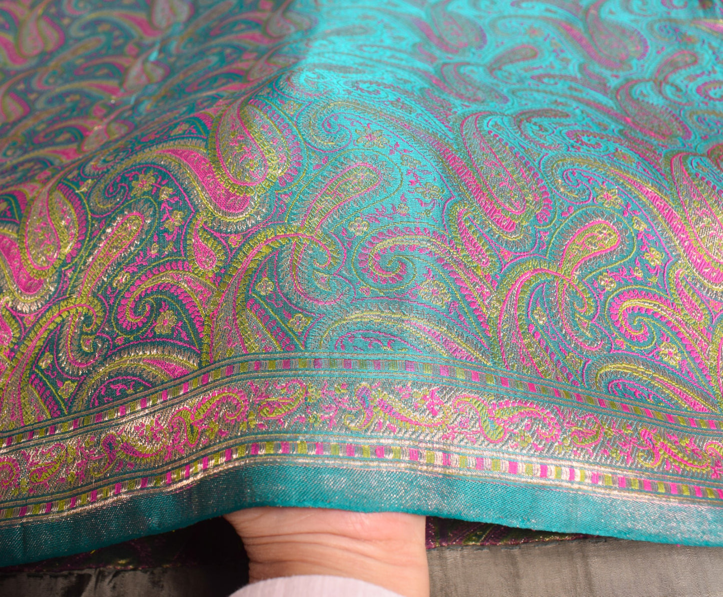 Sushila Vintage Heavy Saree Pure Satin Silk Banarasi Brocade Woven Teal Sari