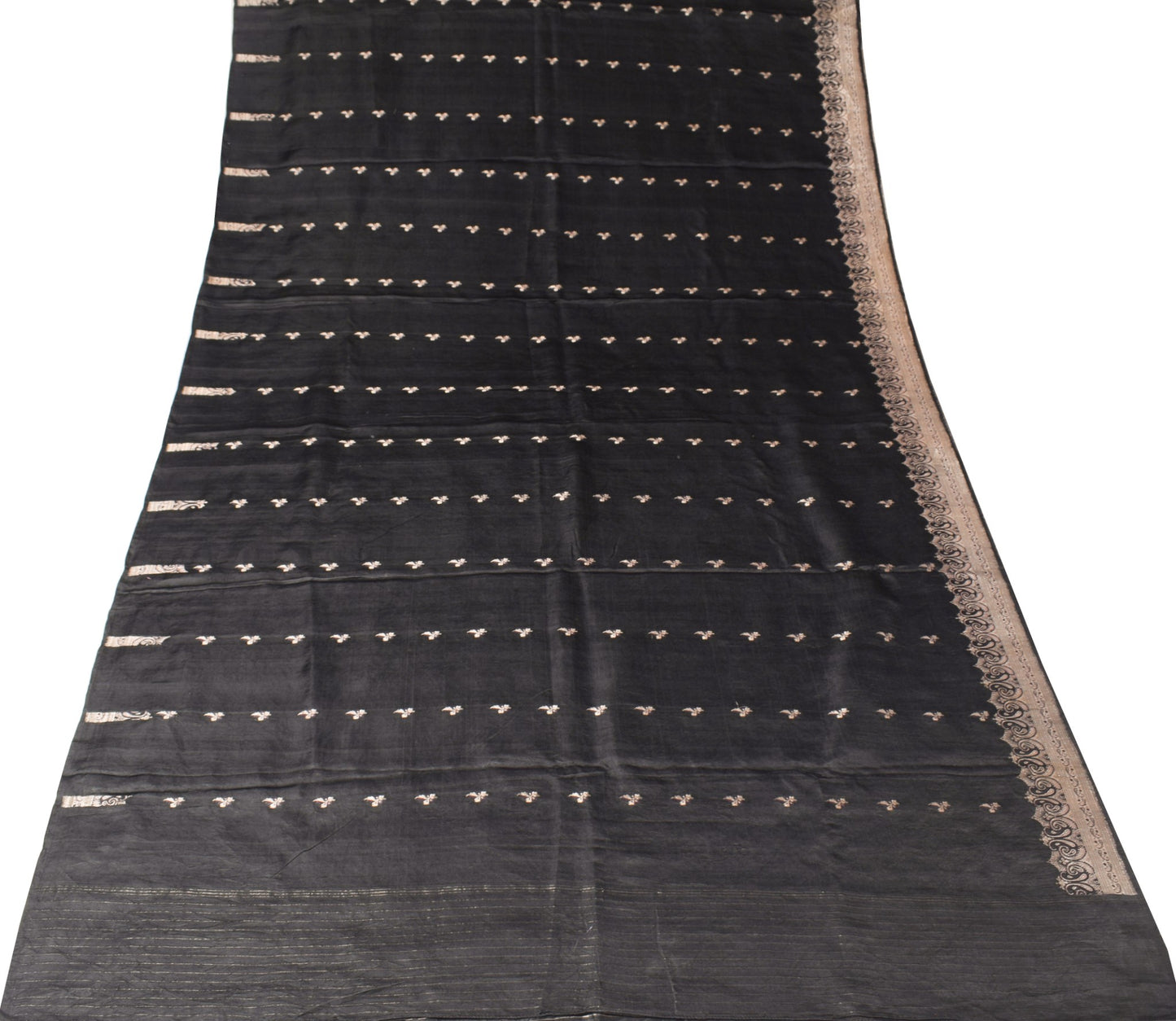 Sushila Vintage Black Heavy Saree Pure Satin Silk Banarasi Brocade Sari Fabric