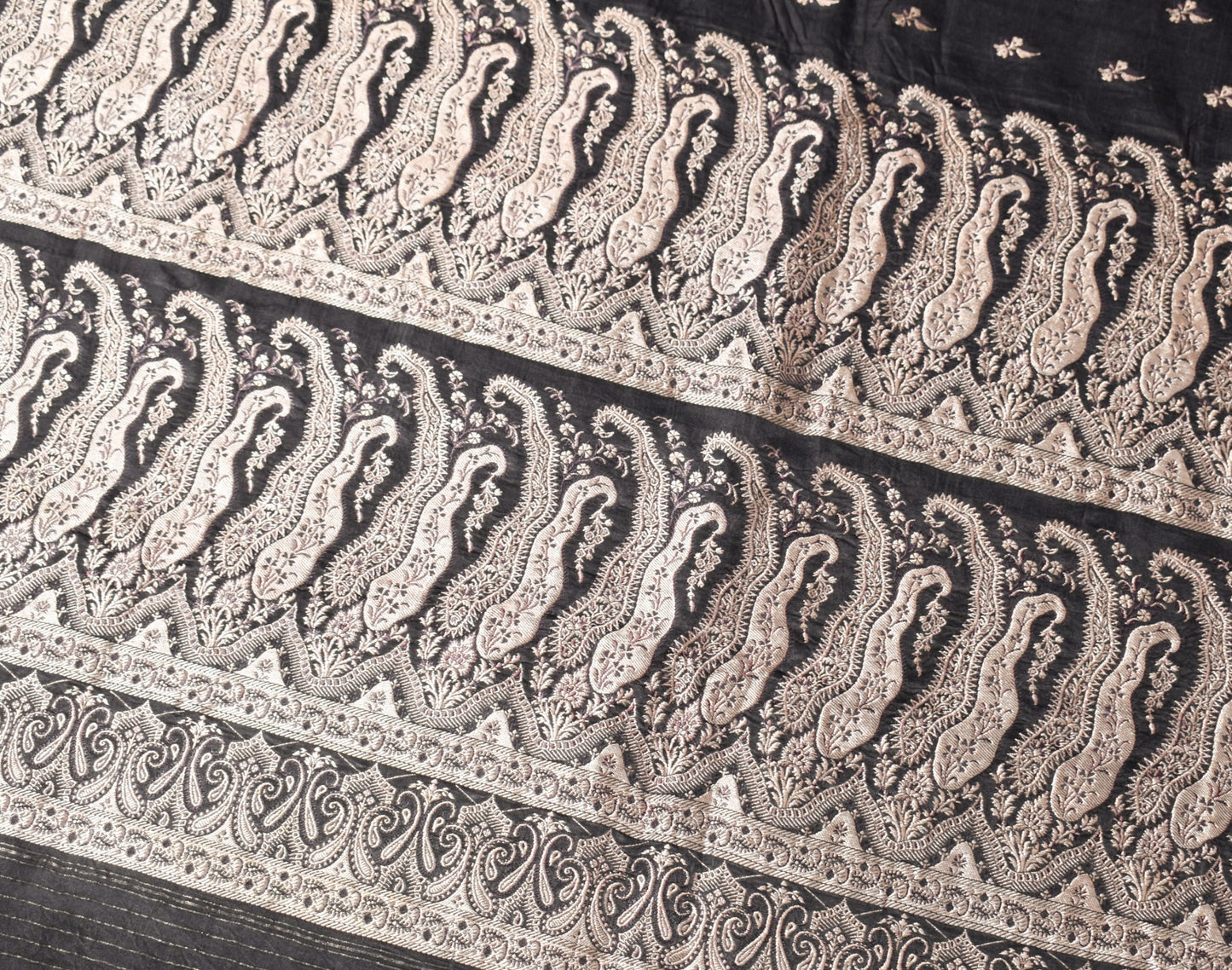 Sushila Vintage Black Heavy Saree Pure Satin Silk Banarasi Brocade Sari Fabric