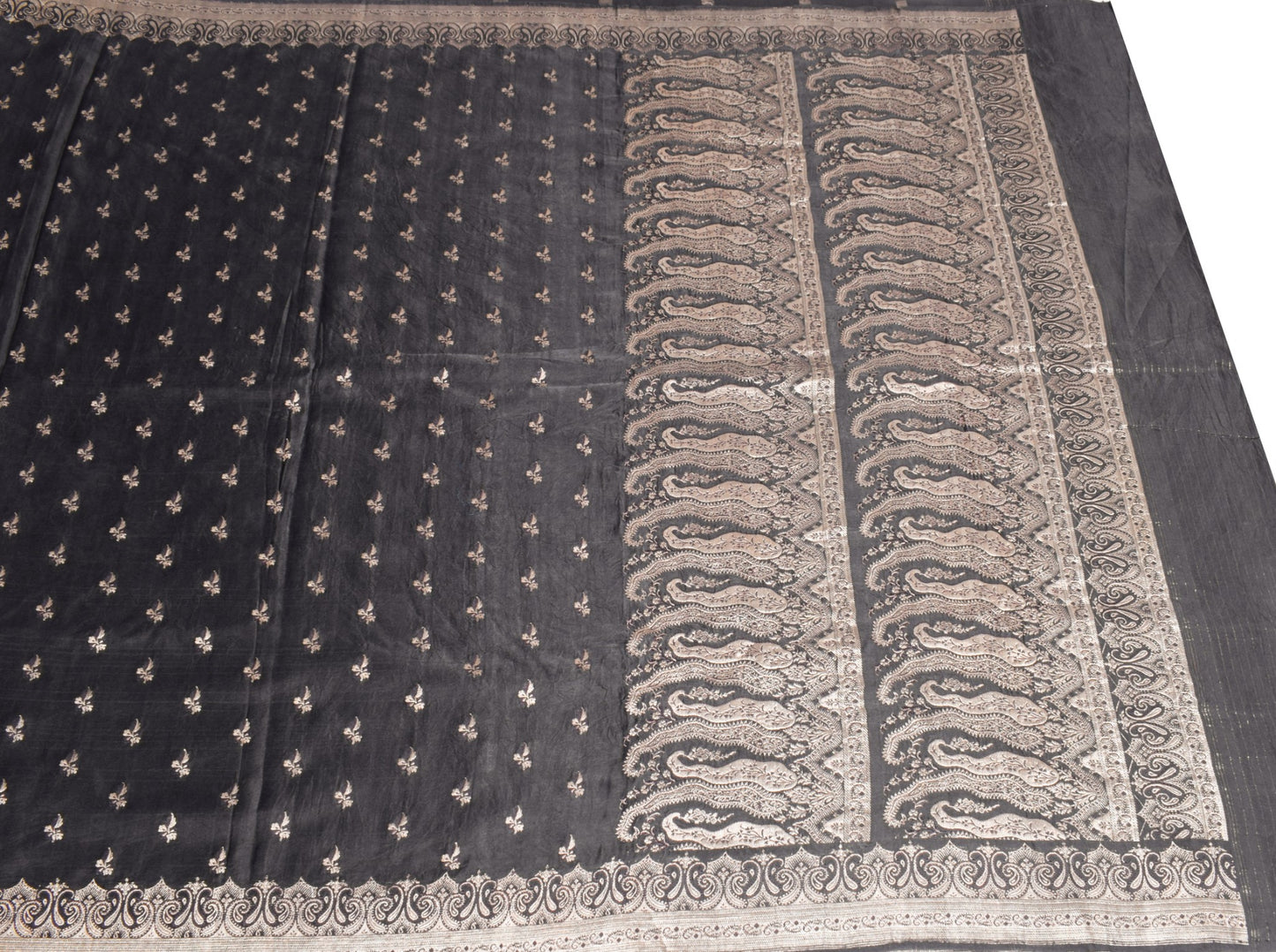 Sushila Vintage Black Heavy Saree Pure Satin Silk Banarasi Brocade Sari Fabric