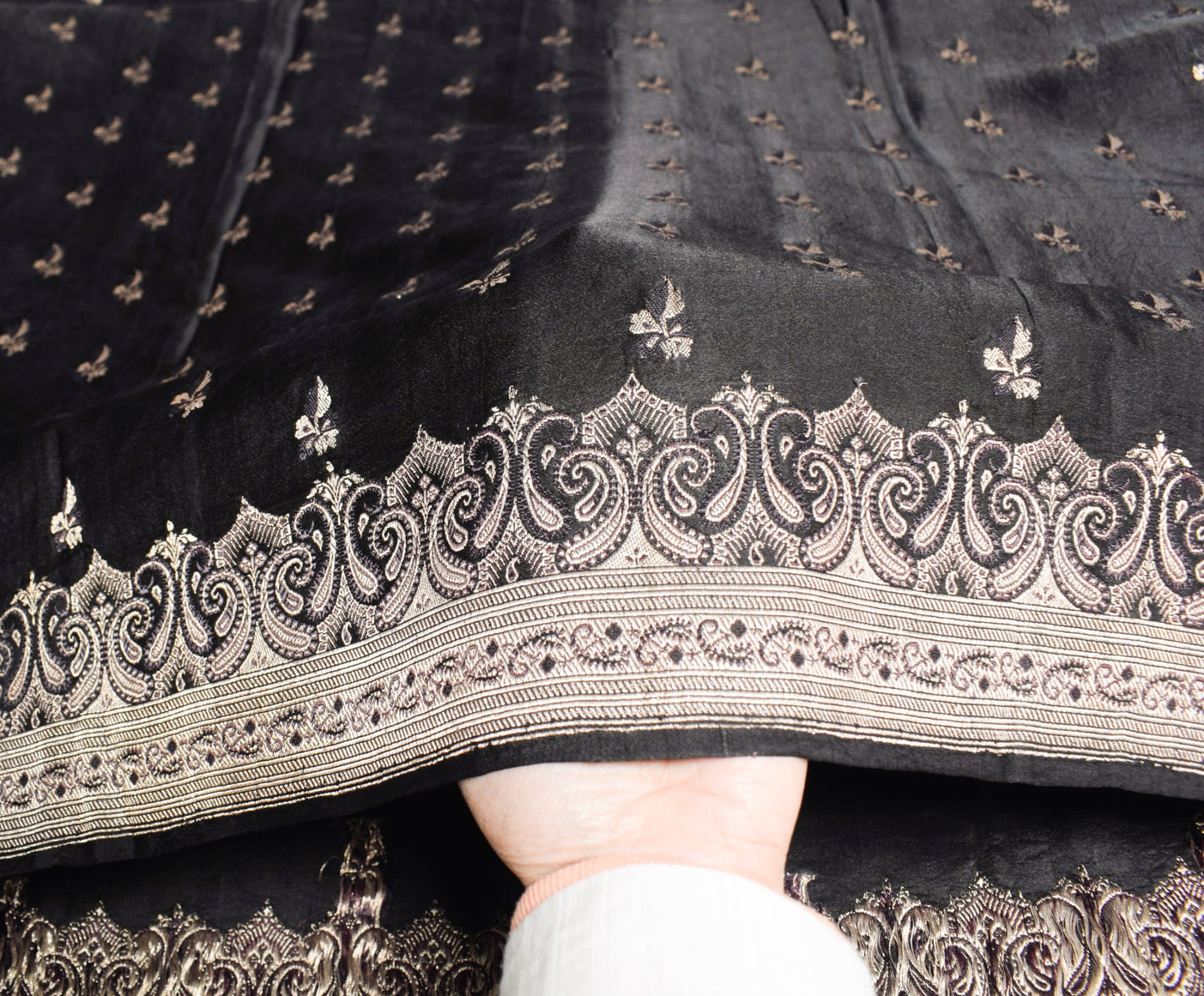 Sushila Vintage Black Heavy Saree Pure Satin Silk Banarasi Brocade Sari Fabric