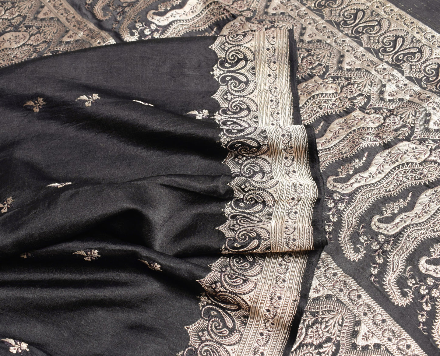 Sushila Vintage Black Heavy Saree Pure Satin Silk Banarasi Brocade Sari Fabric