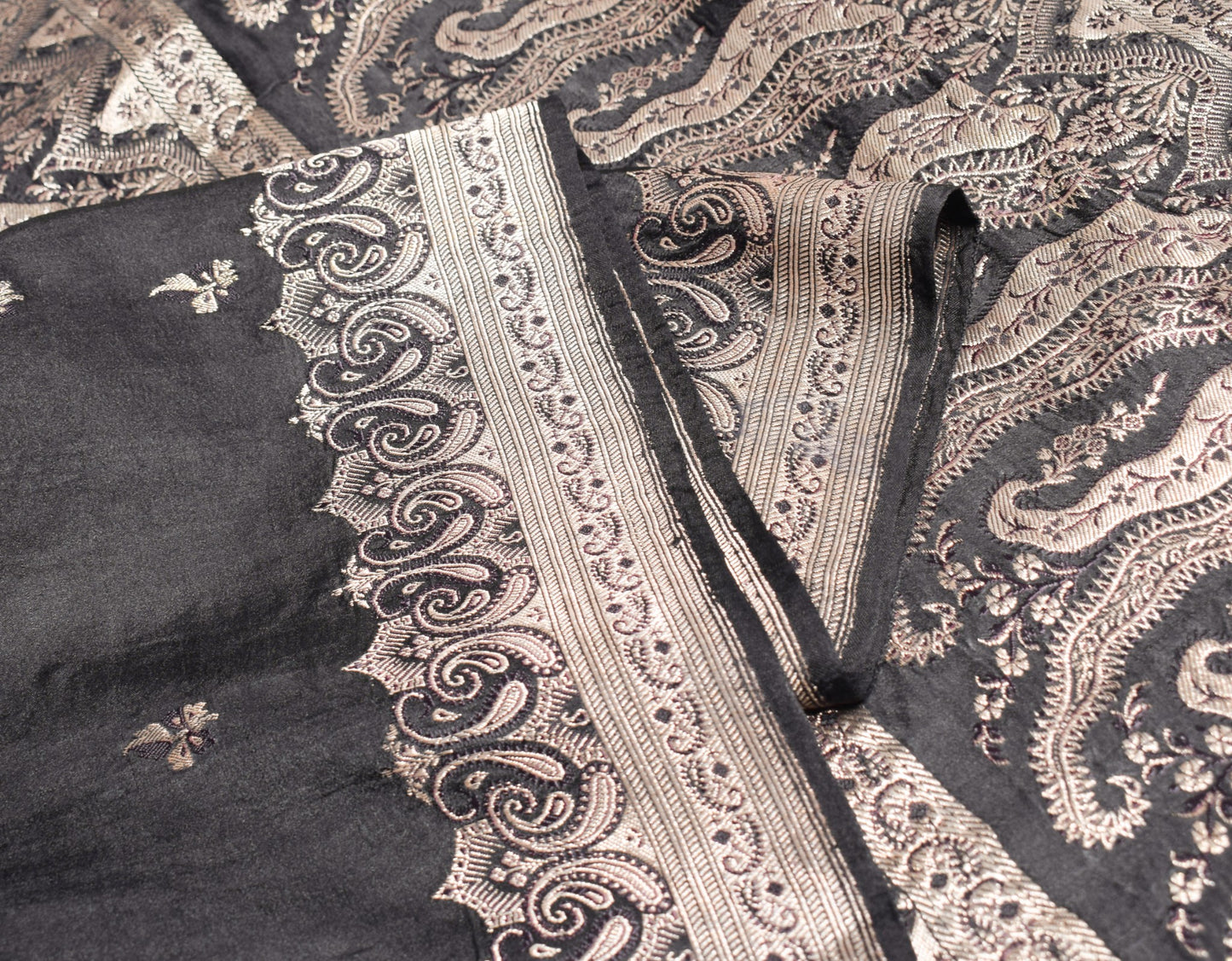 Sushila Vintage Black Heavy Saree Pure Satin Silk Banarasi Brocade Sari Fabric