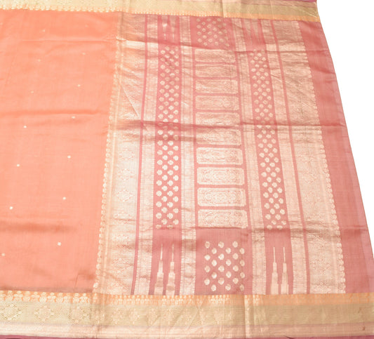 Sushila Vintage Peach Scrap Saree 100% Pure Silk Zari Woven Sari Craft Fabric