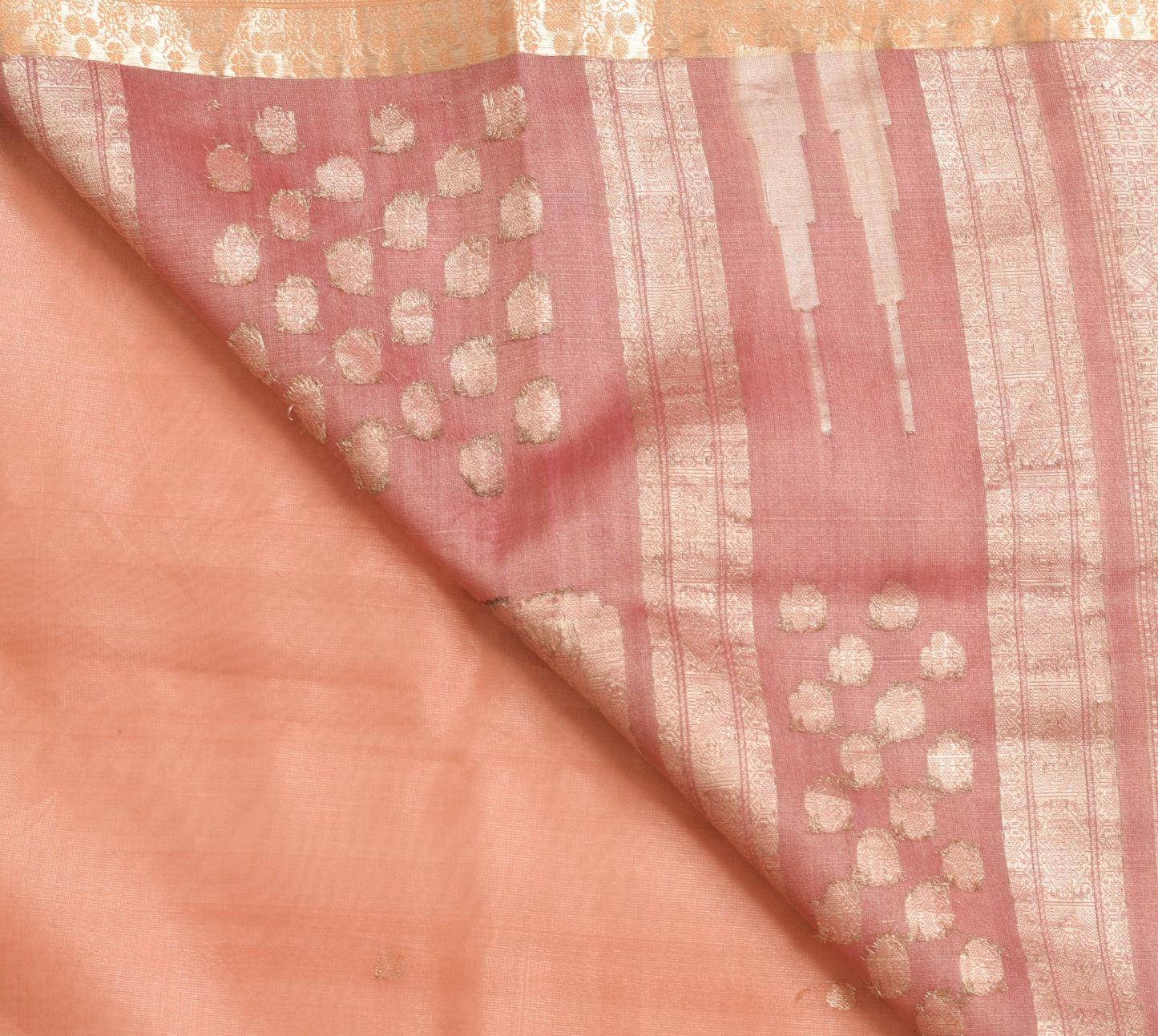 Sushila Vintage Peach Scrap Saree 100% Pure Silk Zari Woven Sari Craft Fabric