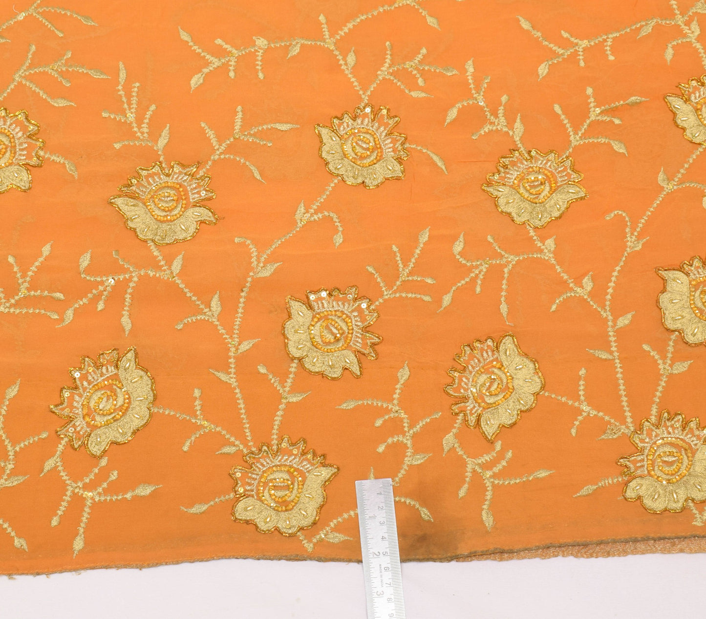 Sushila Vintage Orange Scrap Saree Pure Georgette Zari Embroidered Sari Fabric