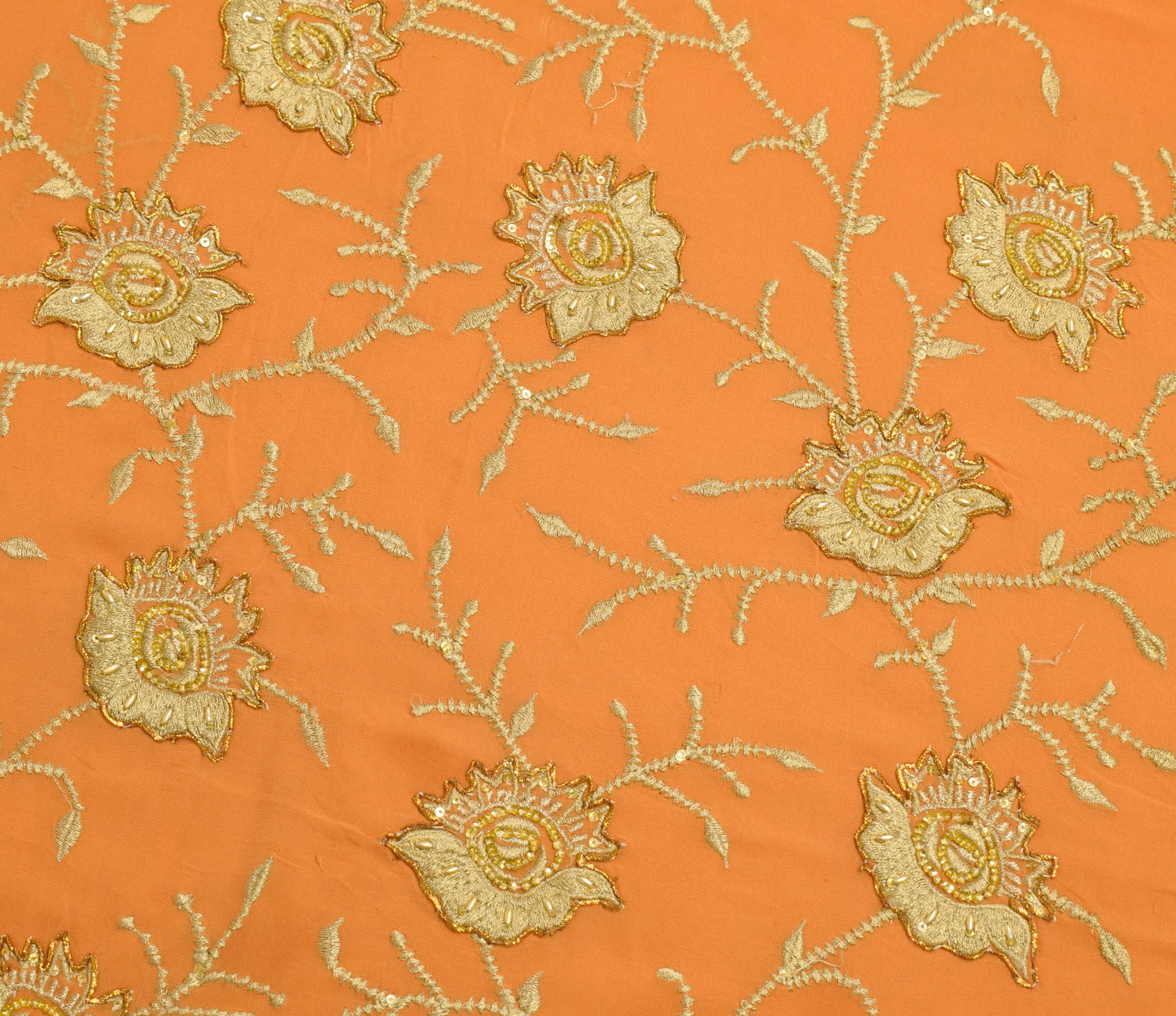 Sushila Vintage Orange Scrap Saree Pure Georgette Zari Embroidered Sari Fabric