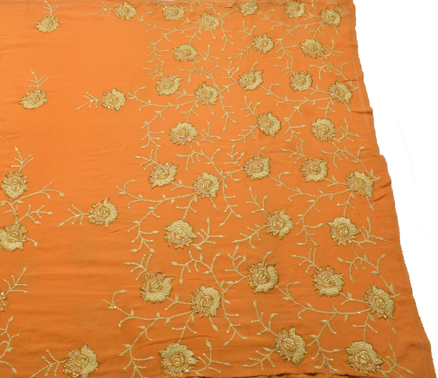 Sushila Vintage Orange Scrap Saree Pure Georgette Zari Embroidered Sari Fabric
