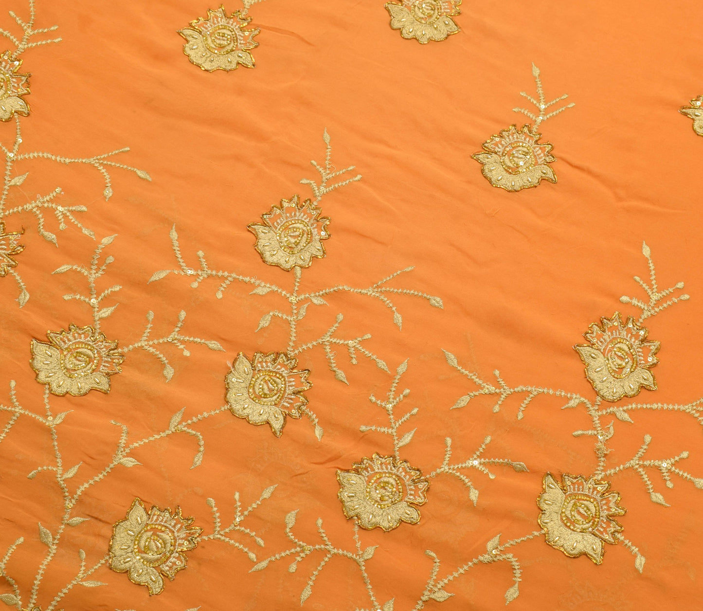 Sushila Vintage Orange Scrap Saree Pure Georgette Zari Embroidered Sari Fabric