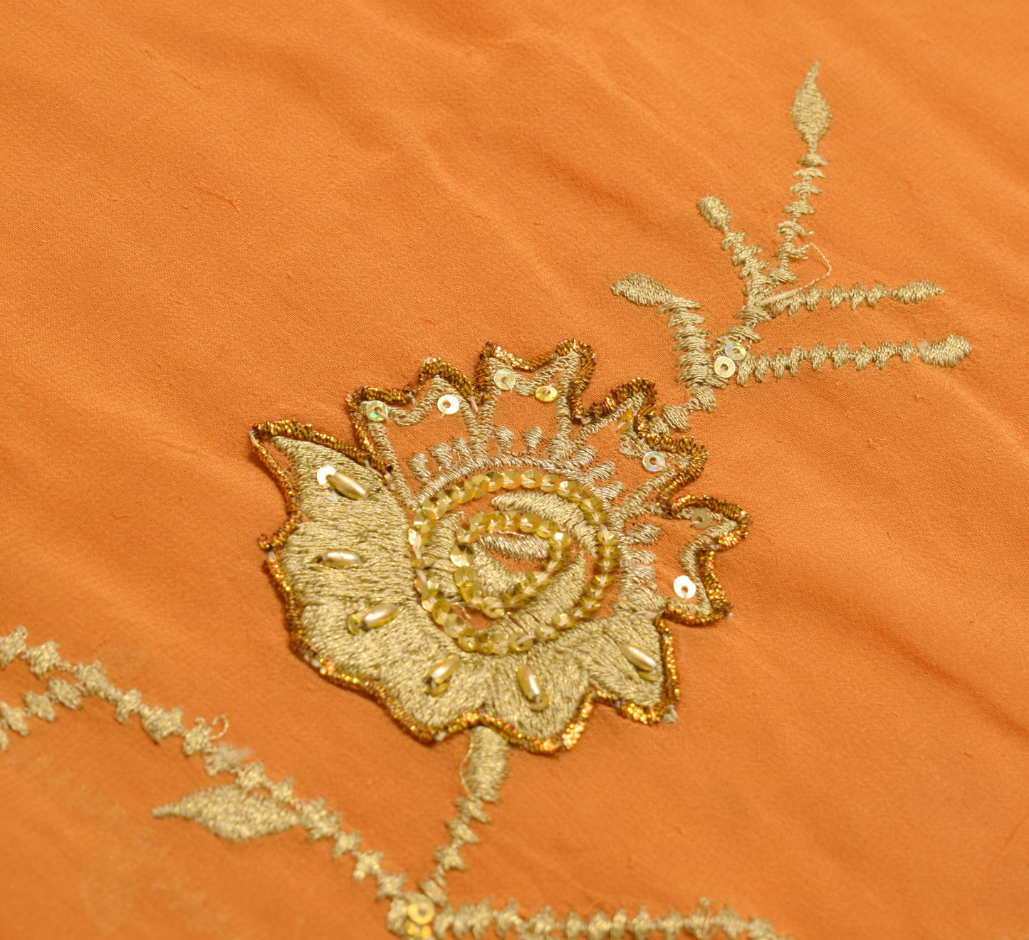 Sushila Vintage Orange Scrap Saree Pure Georgette Zari Embroidered Sari Fabric