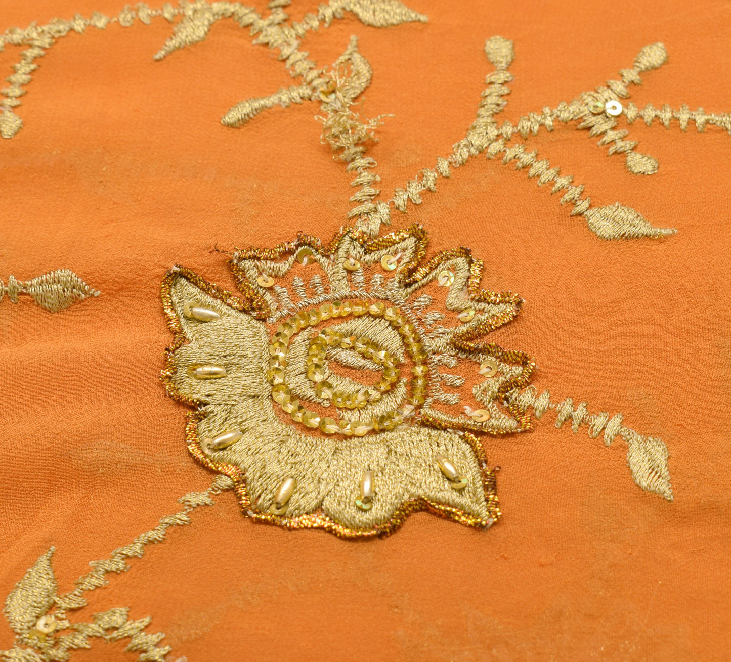 Sushila Vintage Orange Scrap Saree Pure Georgette Zari Embroidered Sari Fabric