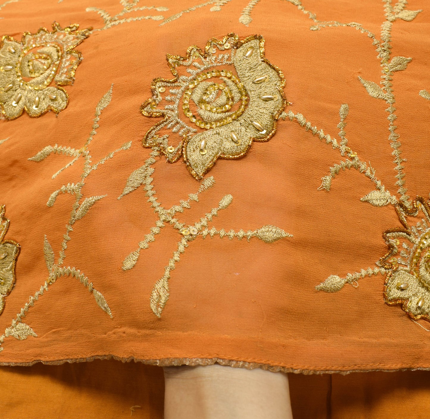 Sushila Vintage Orange Scrap Saree Pure Georgette Zari Embroidered Sari Fabric