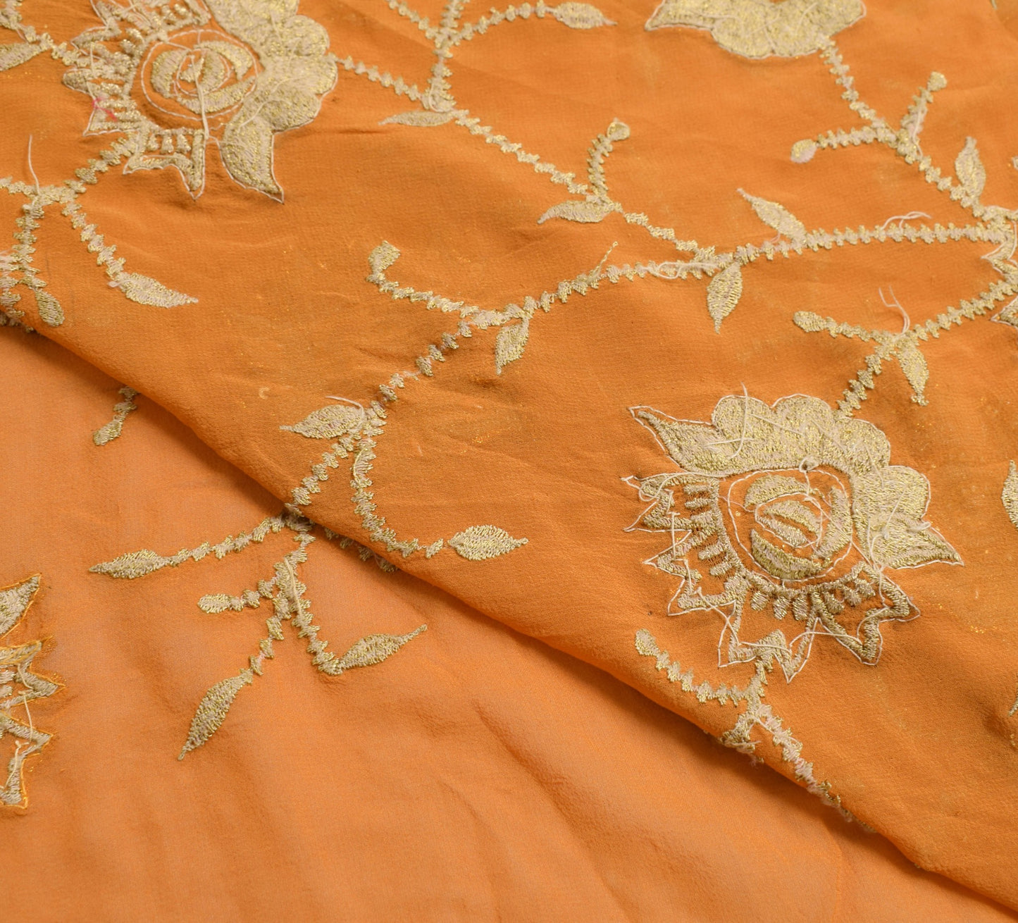 Sushila Vintage Orange Scrap Saree Pure Georgette Zari Embroidered Sari Fabric