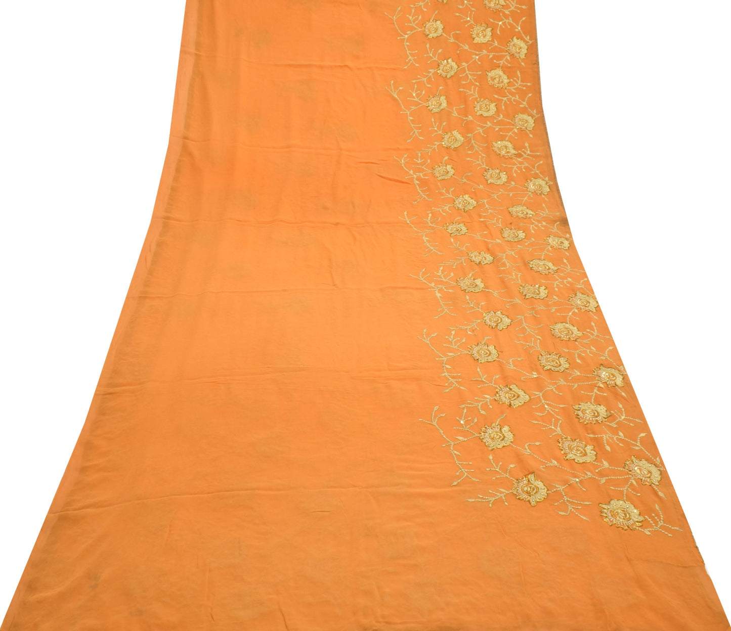 Sushila Vintage Orange Scrap Saree Pure Georgette Zari Embroidered Sari Fabric