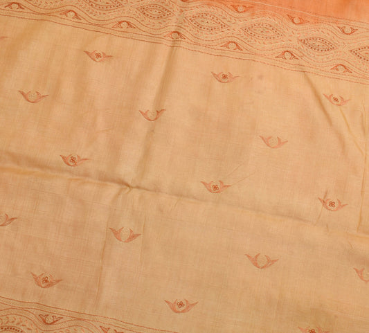 Sushila Vintage Orange Scrap Saree Pure Tusaar Silk Hand Embroidered Sari Fabric