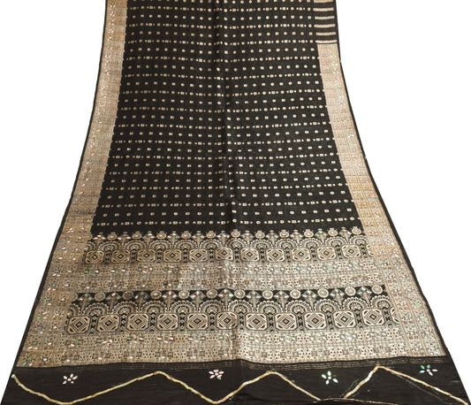 Sushila Vintage Black Banarasi Scrap Saree Pure Satin Silk Zari Brocade Fabric