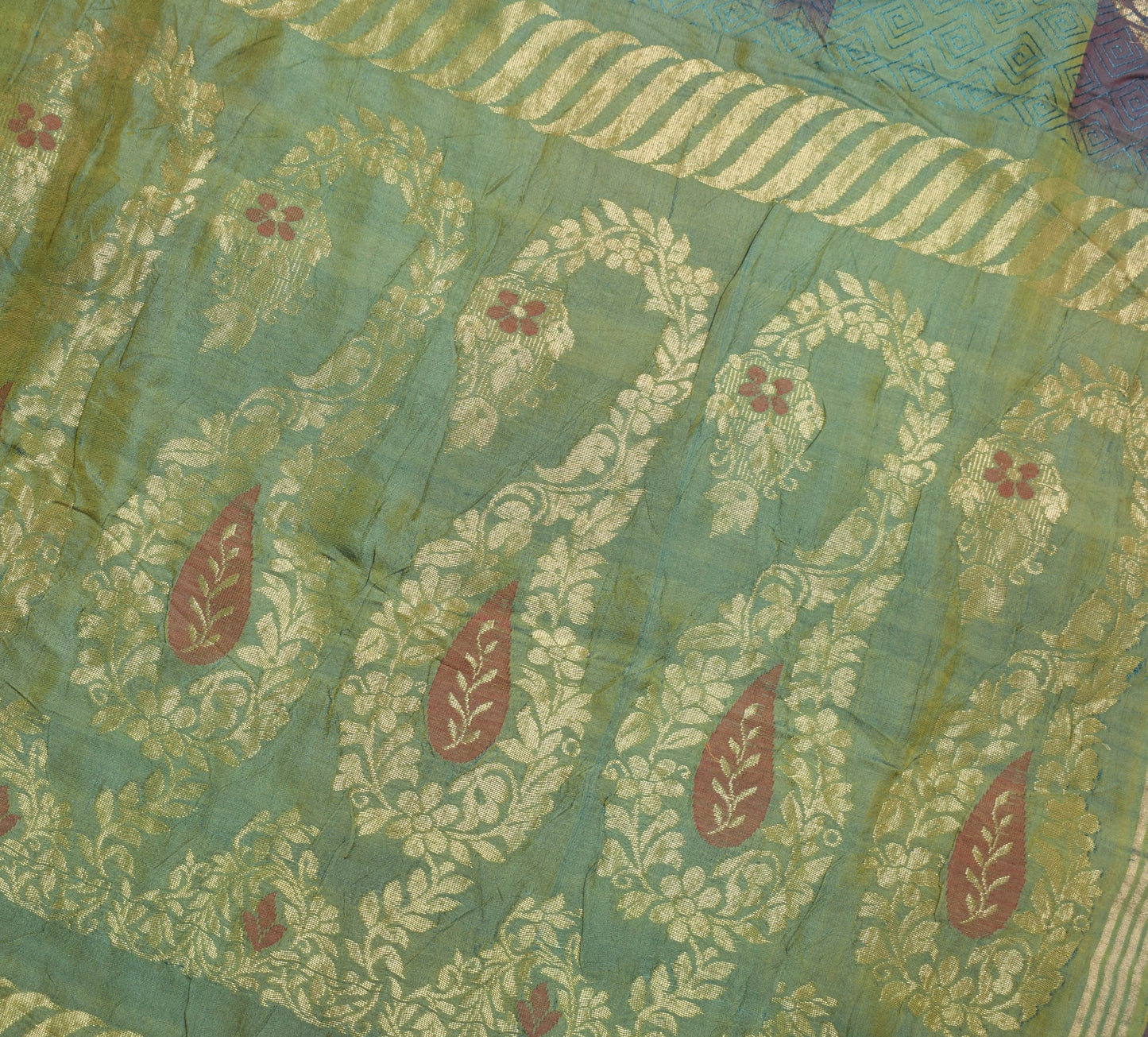 Sushila Vintage Pure Silk Scrap Saree Maroon Green Woven 5 Yds Sari Craft Fabric
