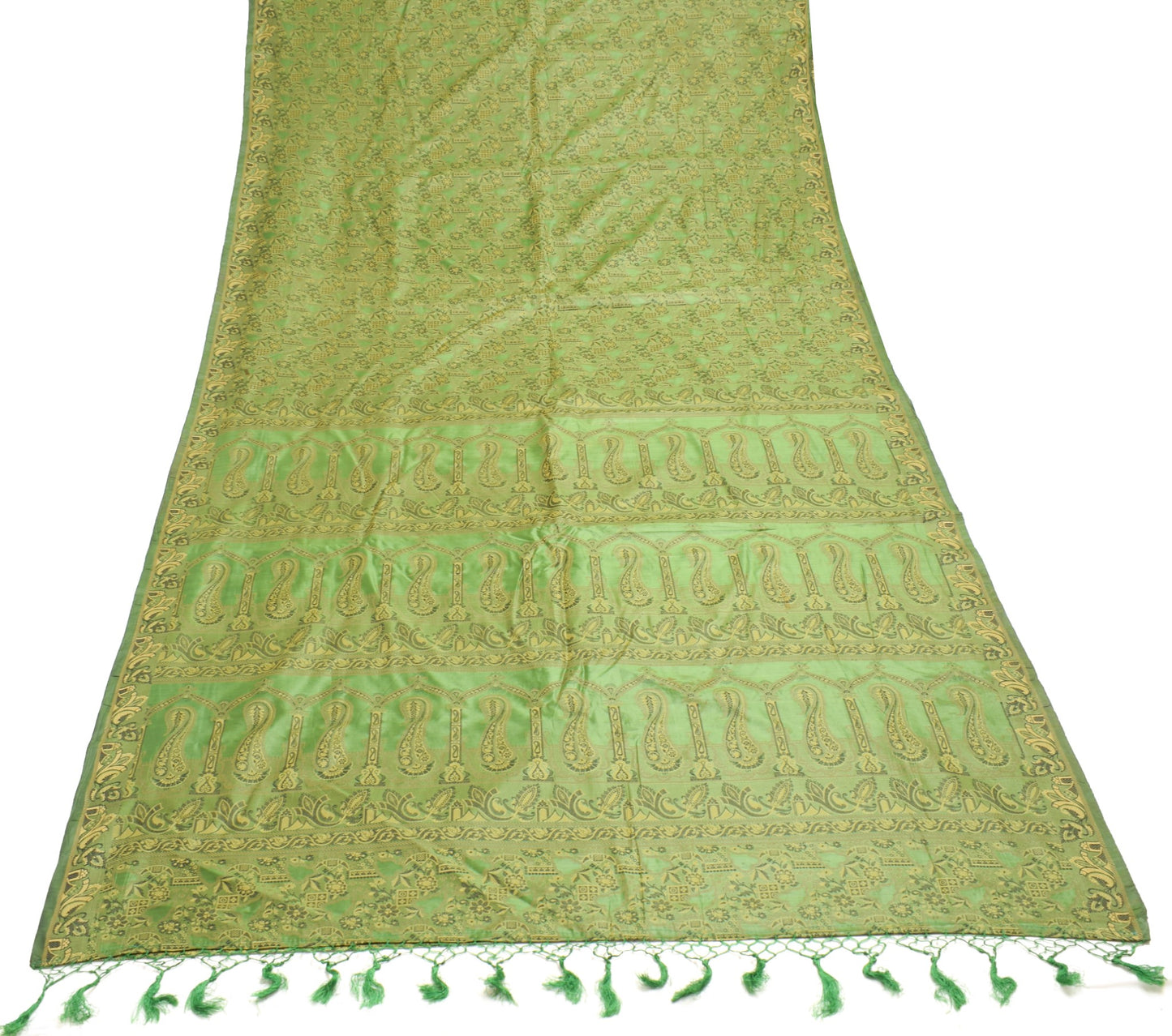 Sushila Vintage Green Art Silk Scrap Saree All Over Resham Woven 5YD Sari Fabric