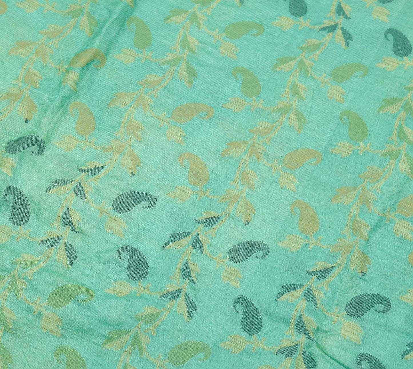 Sushila Vintage Aqua Green Scrap Saree Pure Tussar Silk Woven Floral Sari Fabric