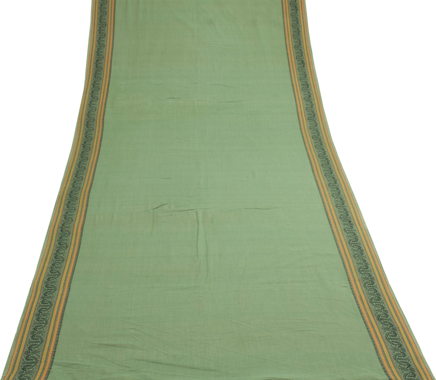 Sushila Vintage Green Scrap Saree Woven 100%Pure Cotton Soft Sari Remnant Fabric