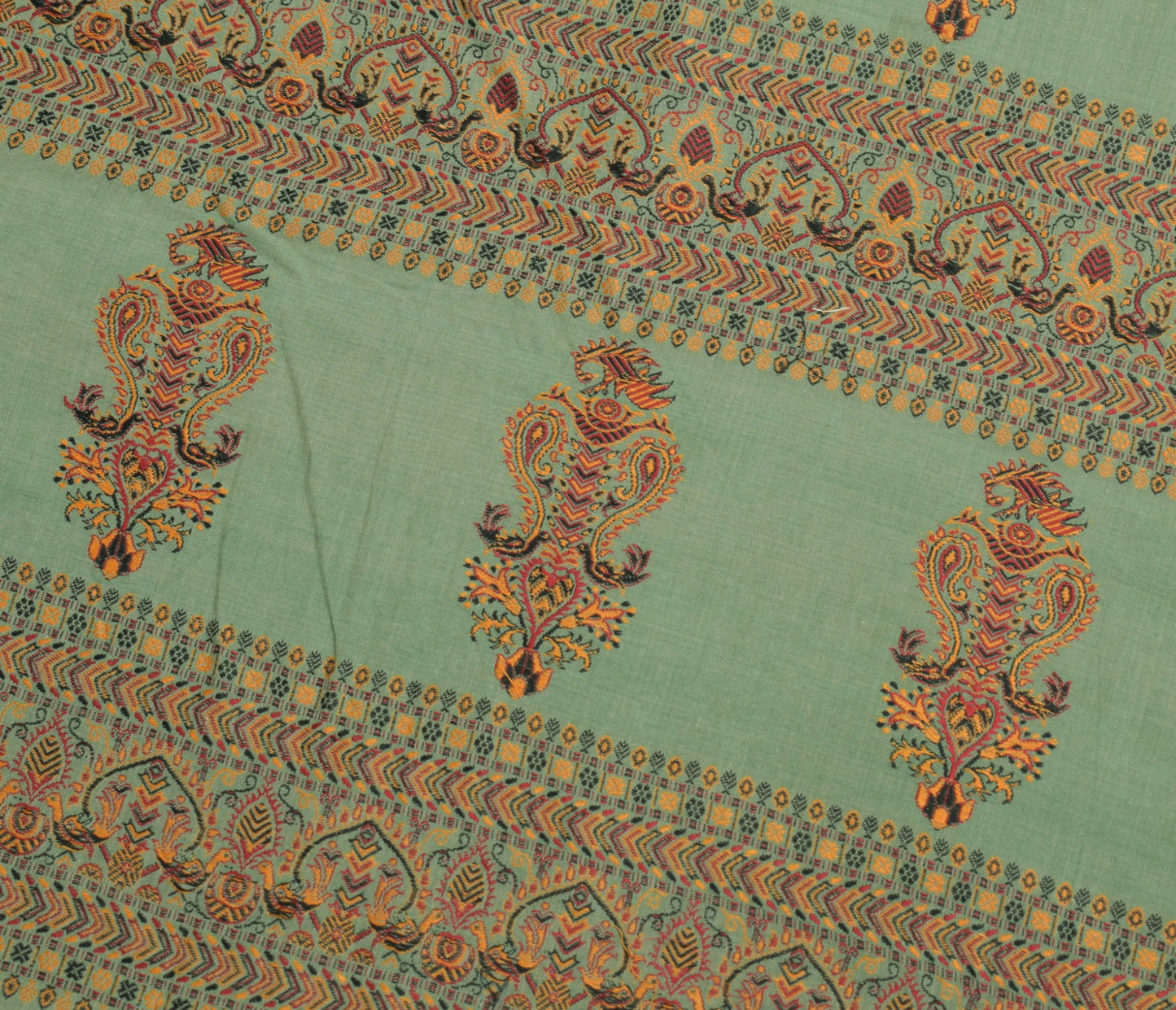 Sushila Vintage Green Scrap Saree Woven 100%Pure Cotton Soft Sari Remnant Fabric
