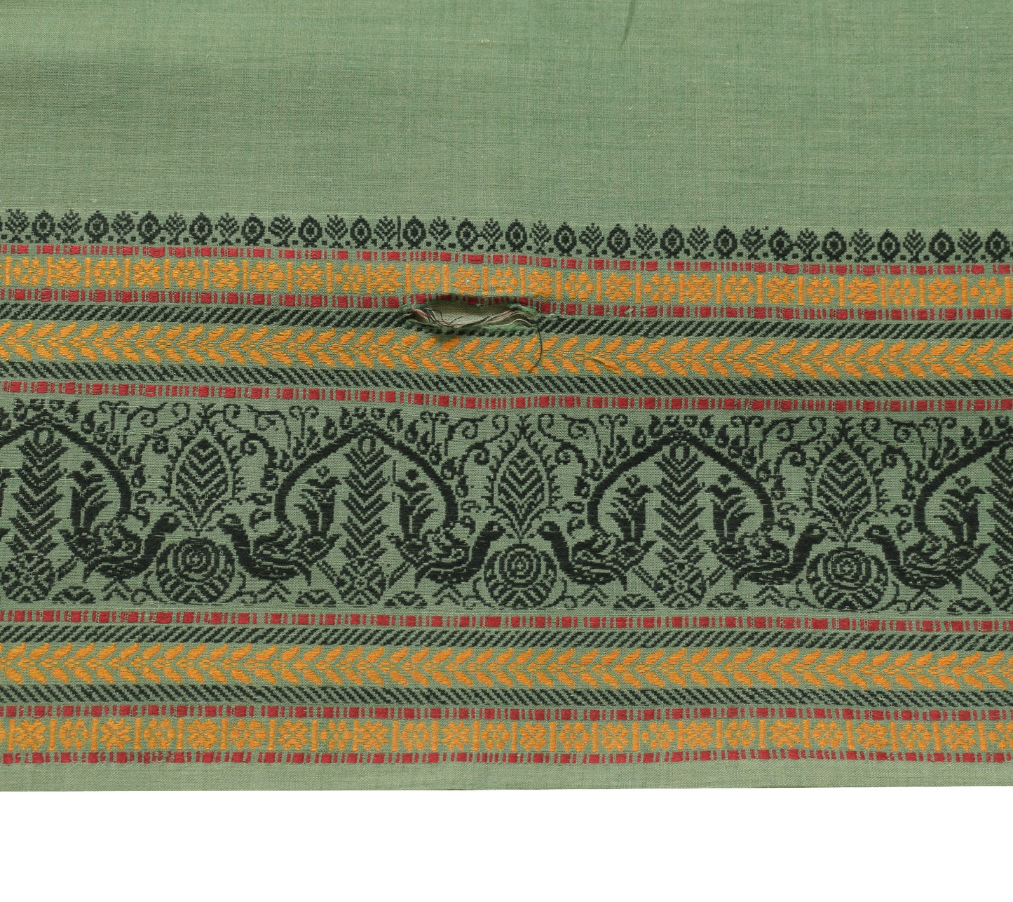 Sushila Vintage Green Scrap Saree Woven 100%Pure Cotton Soft Sari Remnant Fabric