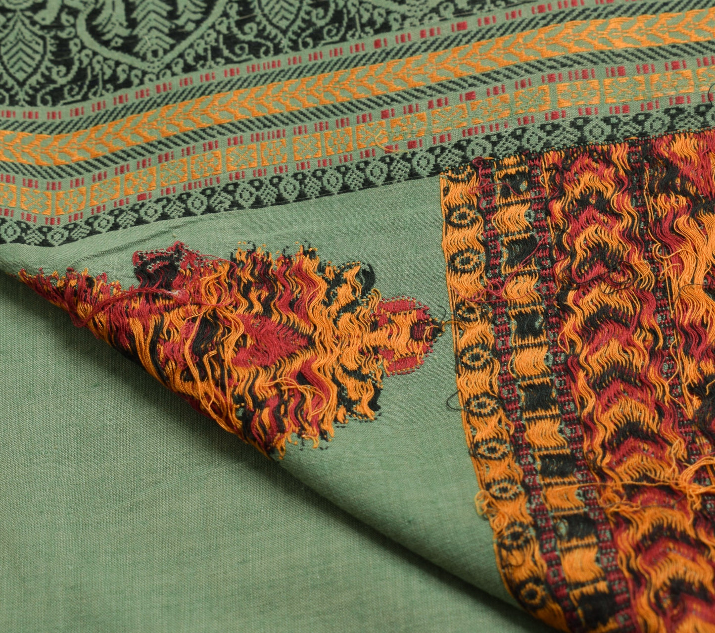 Sushila Vintage Green Scrap Saree Woven 100%Pure Cotton Soft Sari Remnant Fabric