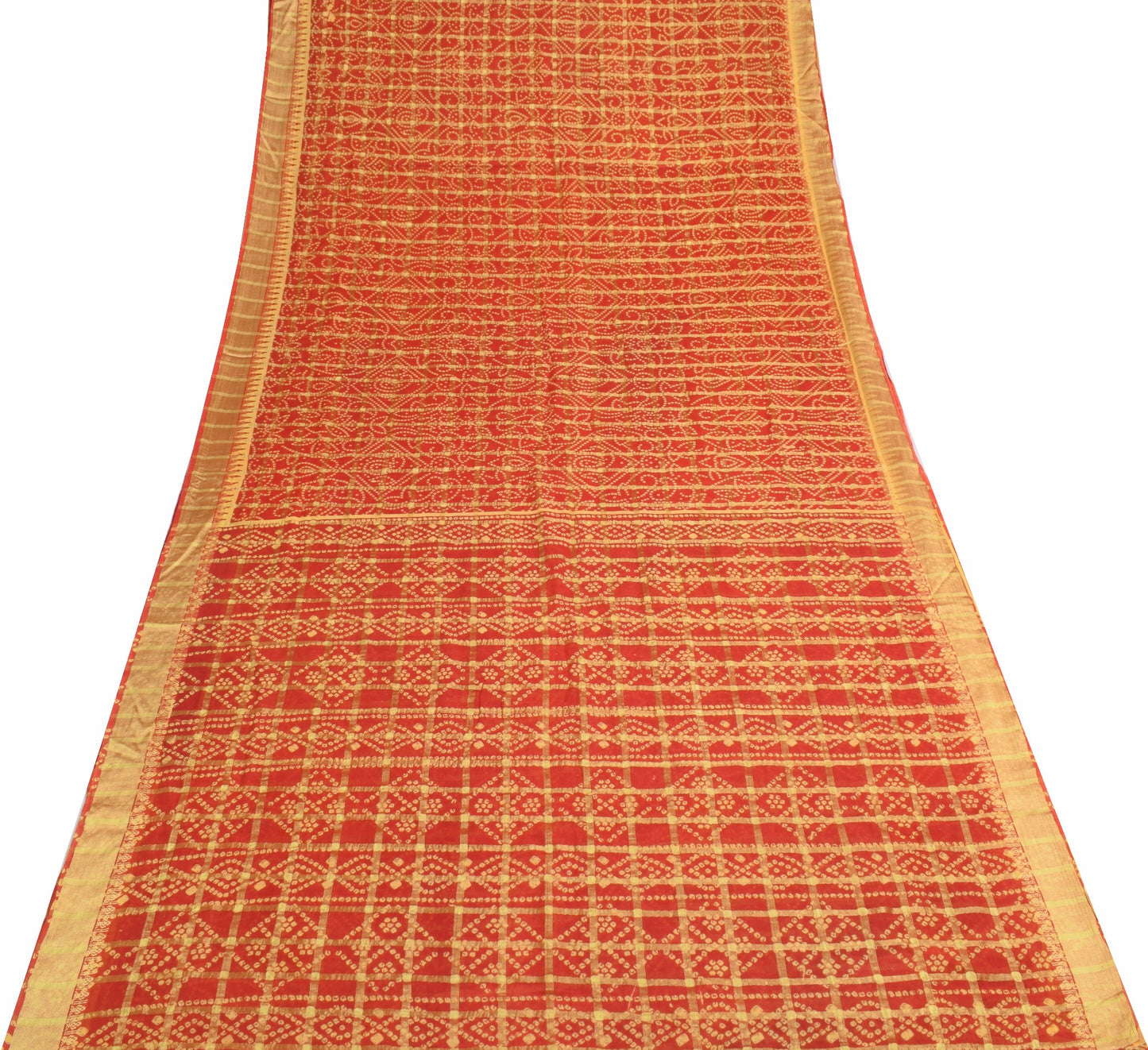 Sushila Vintage Red Scrap Saree Bandhani Printed & Woven Pure Cotton Sari Fabric