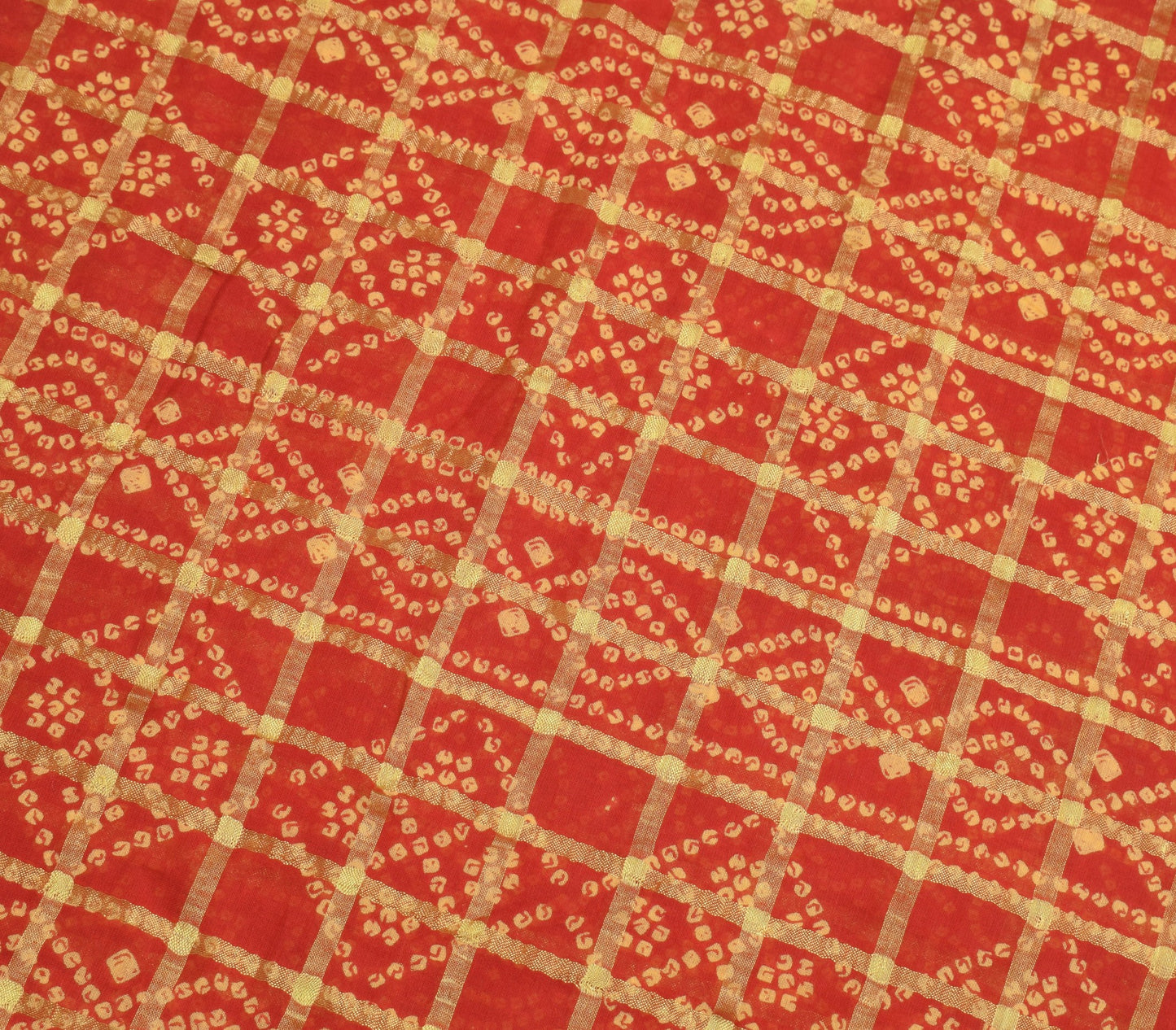 Sushila Vintage Red Scrap Saree Bandhani Printed & Woven Pure Cotton Sari Fabric
