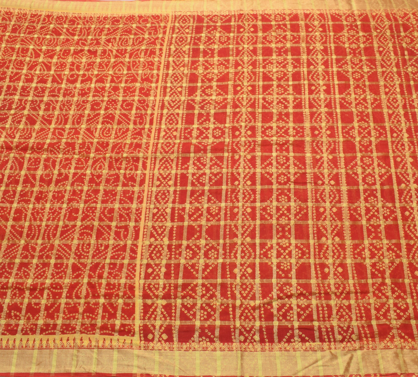 Sushila Vintage Red Scrap Saree Bandhani Printed & Woven Pure Cotton Sari Fabric