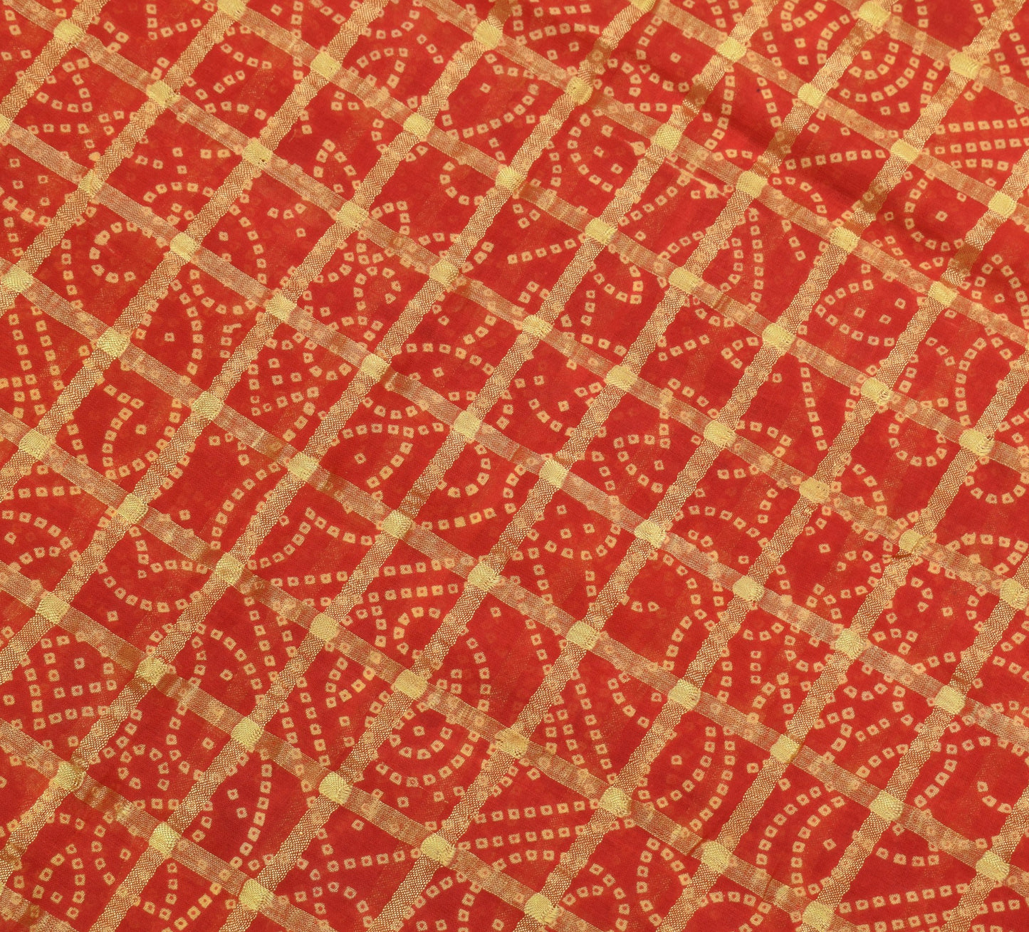 Sushila Vintage Red Scrap Saree Bandhani Printed & Woven Pure Cotton Sari Fabric