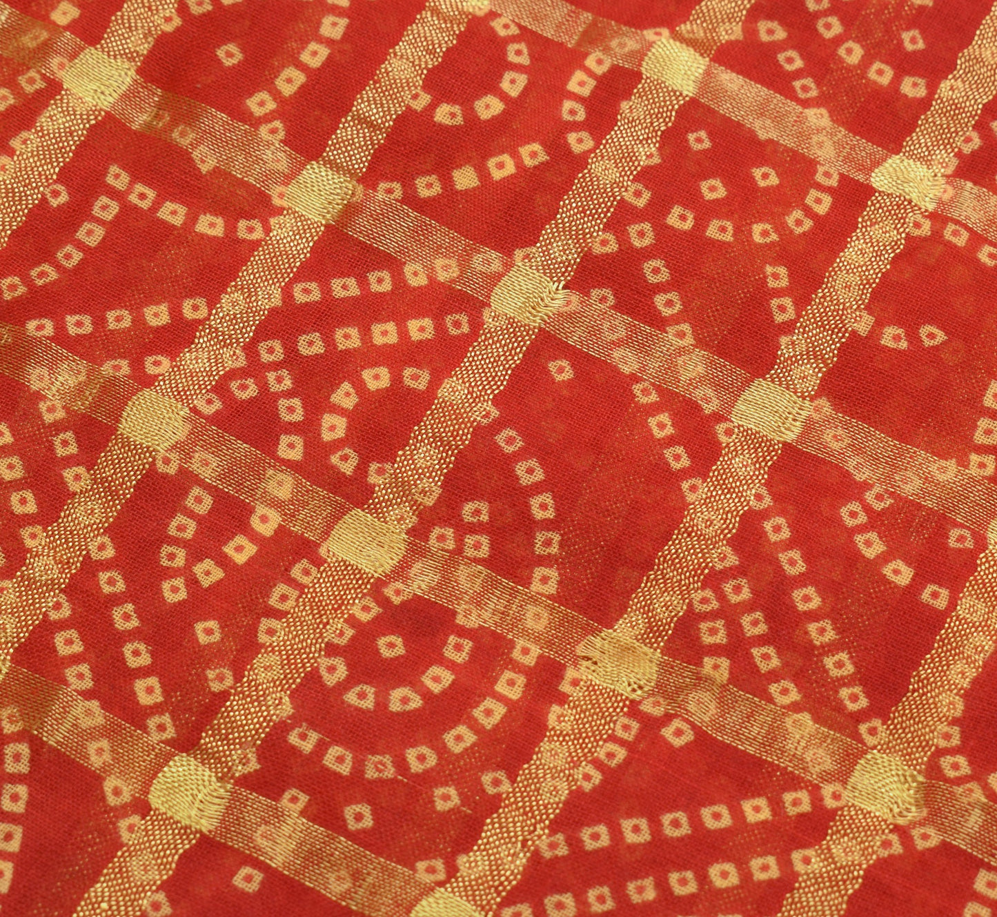 Sushila Vintage Red Scrap Saree Bandhani Printed & Woven Pure Cotton Sari Fabric