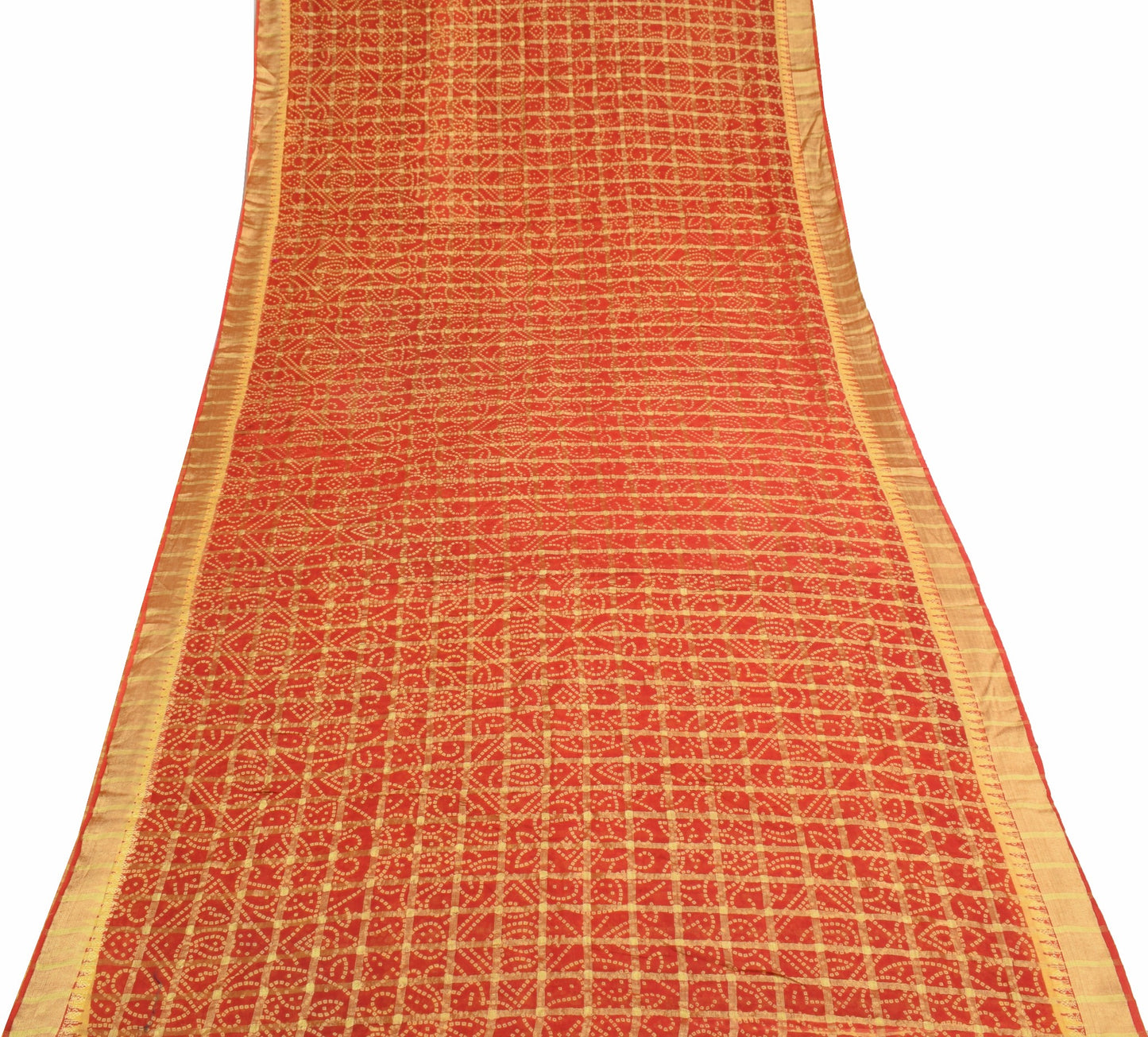 Sushila Vintage Red Scrap Saree Bandhani Printed & Woven Pure Cotton Sari Fabric