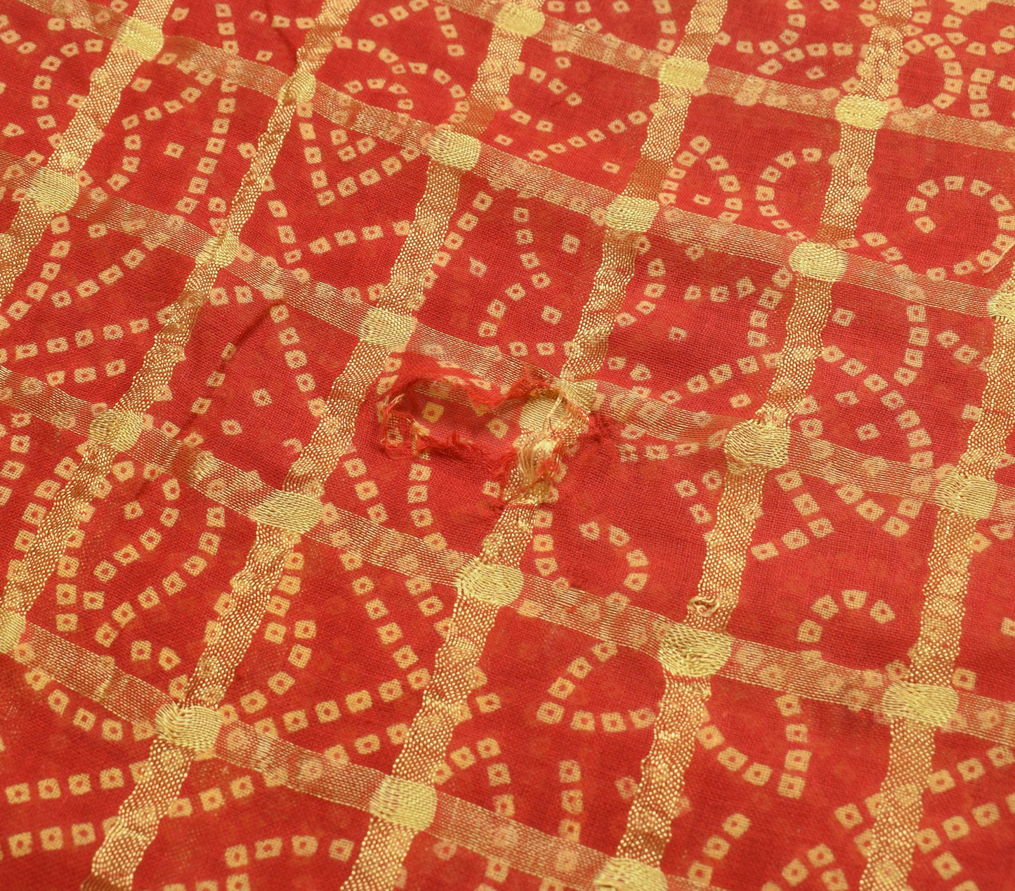 Sushila Vintage Red Scrap Saree Bandhani Printed & Woven Pure Cotton Sari Fabric