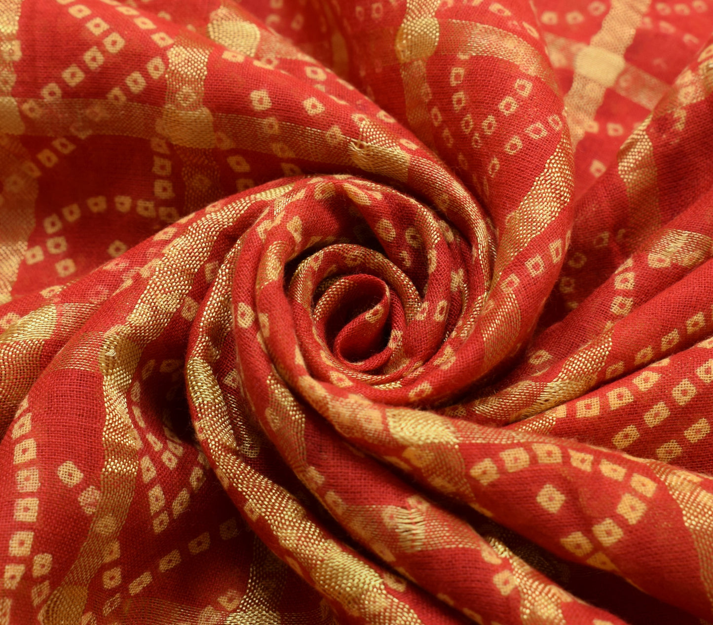 Sushila Vintage Red Scrap Saree Bandhani Printed & Woven Pure Cotton Sari Fabric