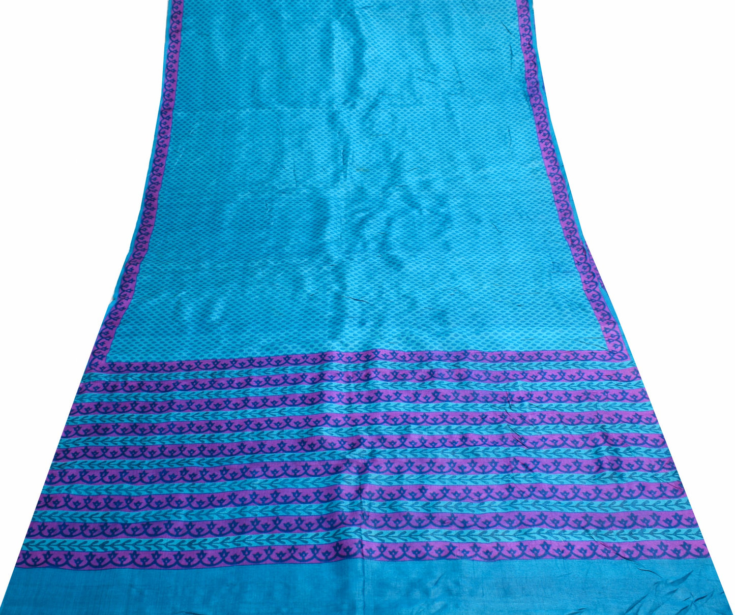 Sushila Vintage Turquoise Blue Scrap Saree Pure Tussar Silk Printed Sari Fabric