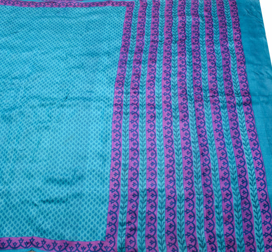 Sushila Vintage Turquoise Blue Scrap Saree Pure Tussar Silk Printed Sari Fabric