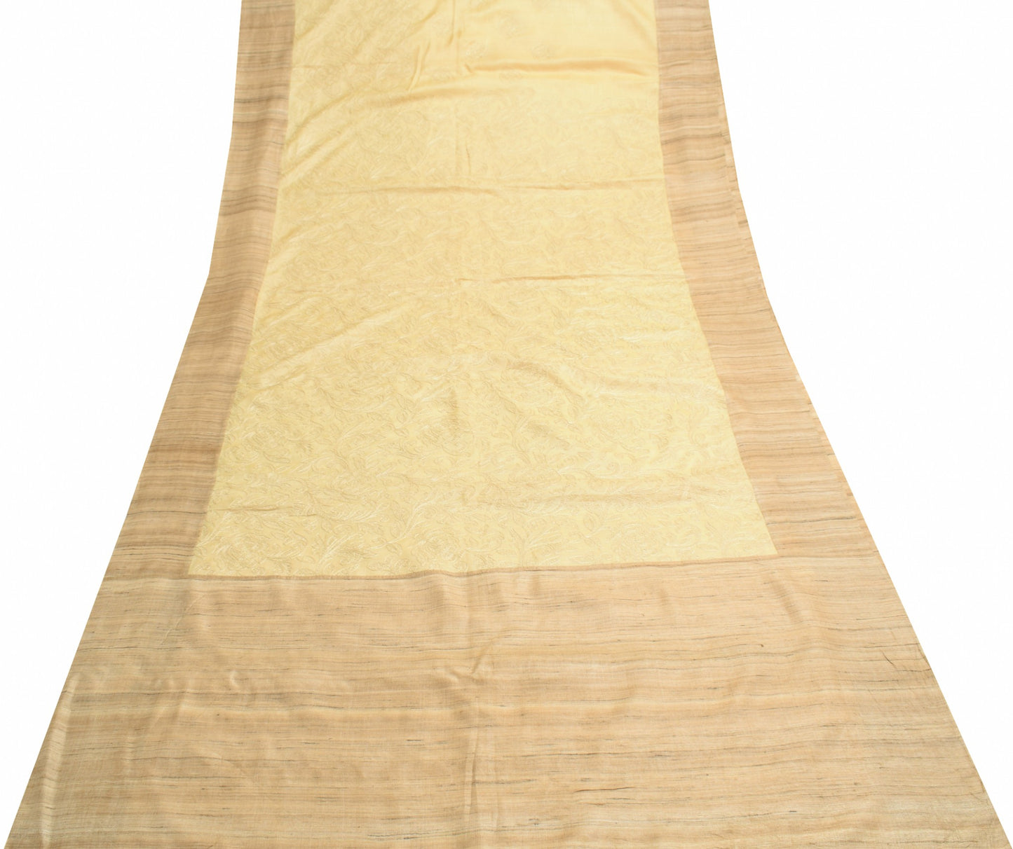 Sushila Vintage Pure Khadi Scrap Saree Cream Embroidered Premium Sari Fabric