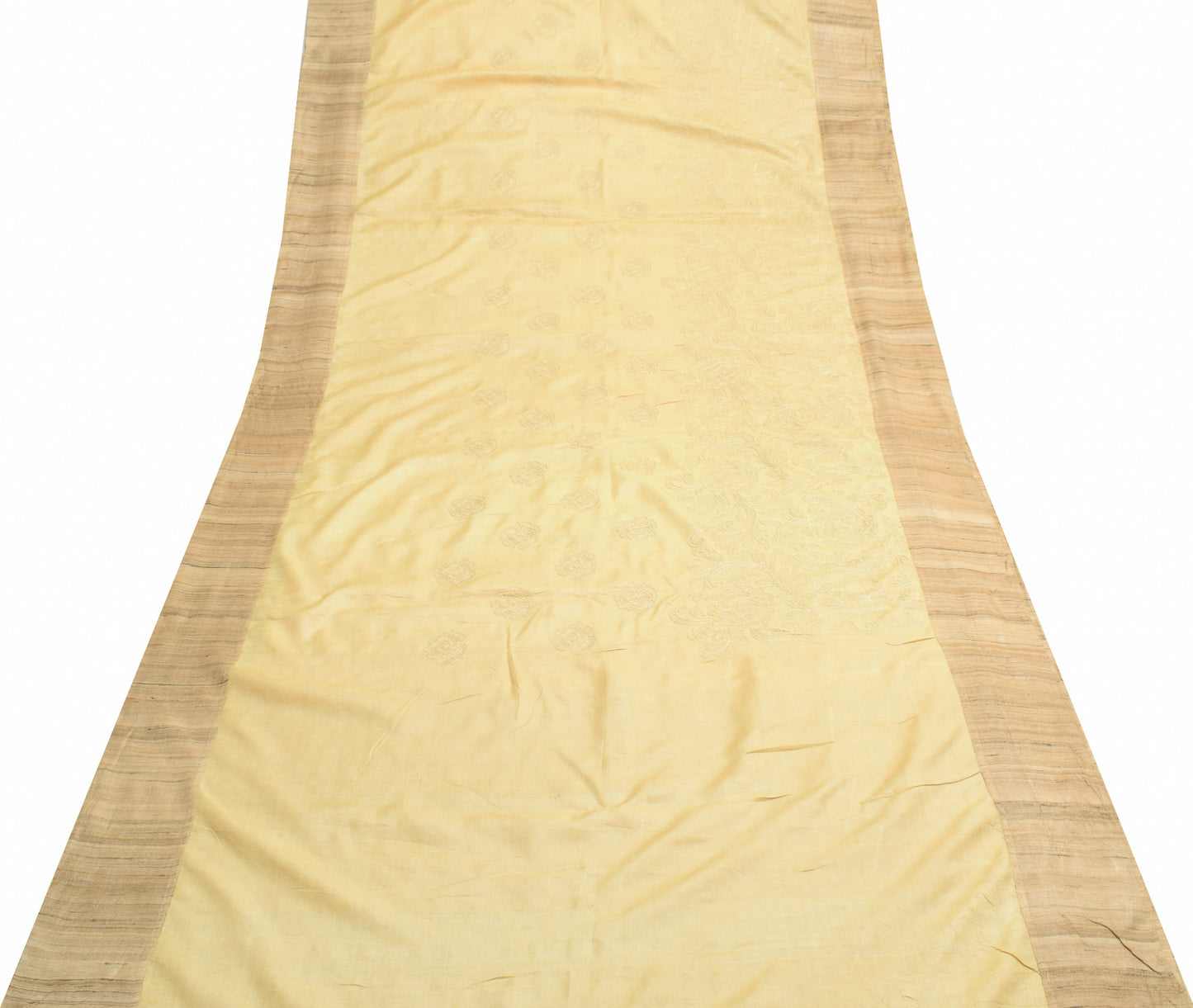 Sushila Vintage Pure Khadi Scrap Saree Cream Embroidered Premium Sari Fabric
